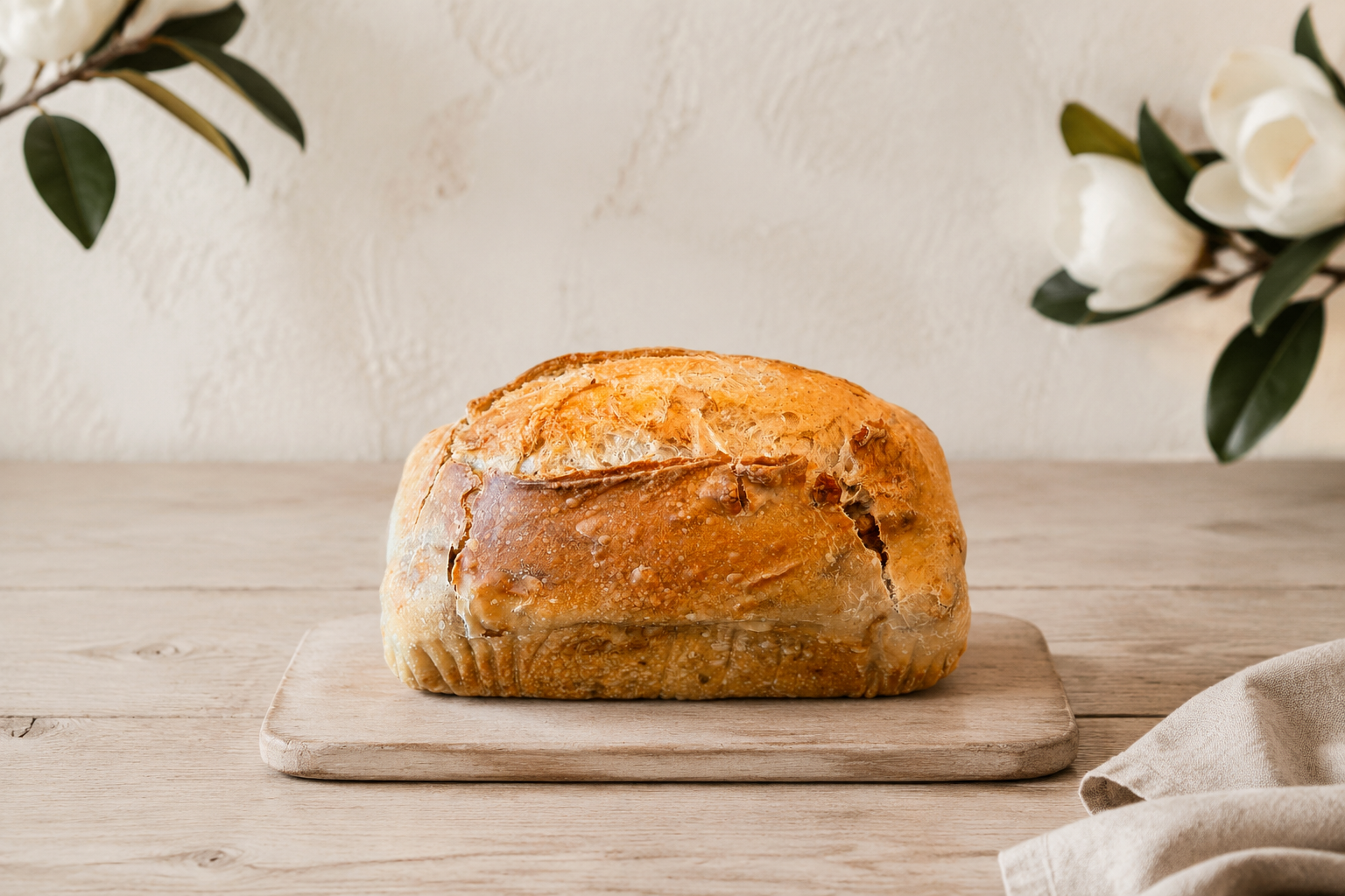 Fresh Bread Barn farmhouse sourdough loaf on a wooden board for the bread storage guide