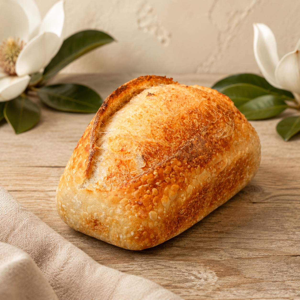 A golden rustic sourdough loaf from The Bread Barn in Indianapolis, framed by magnolia leaves