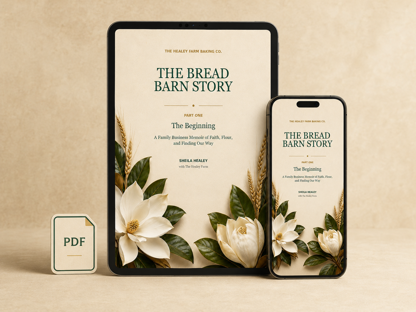 The Bread Barn Story displayed on an iPad and iPhone beside a PDF symbol
