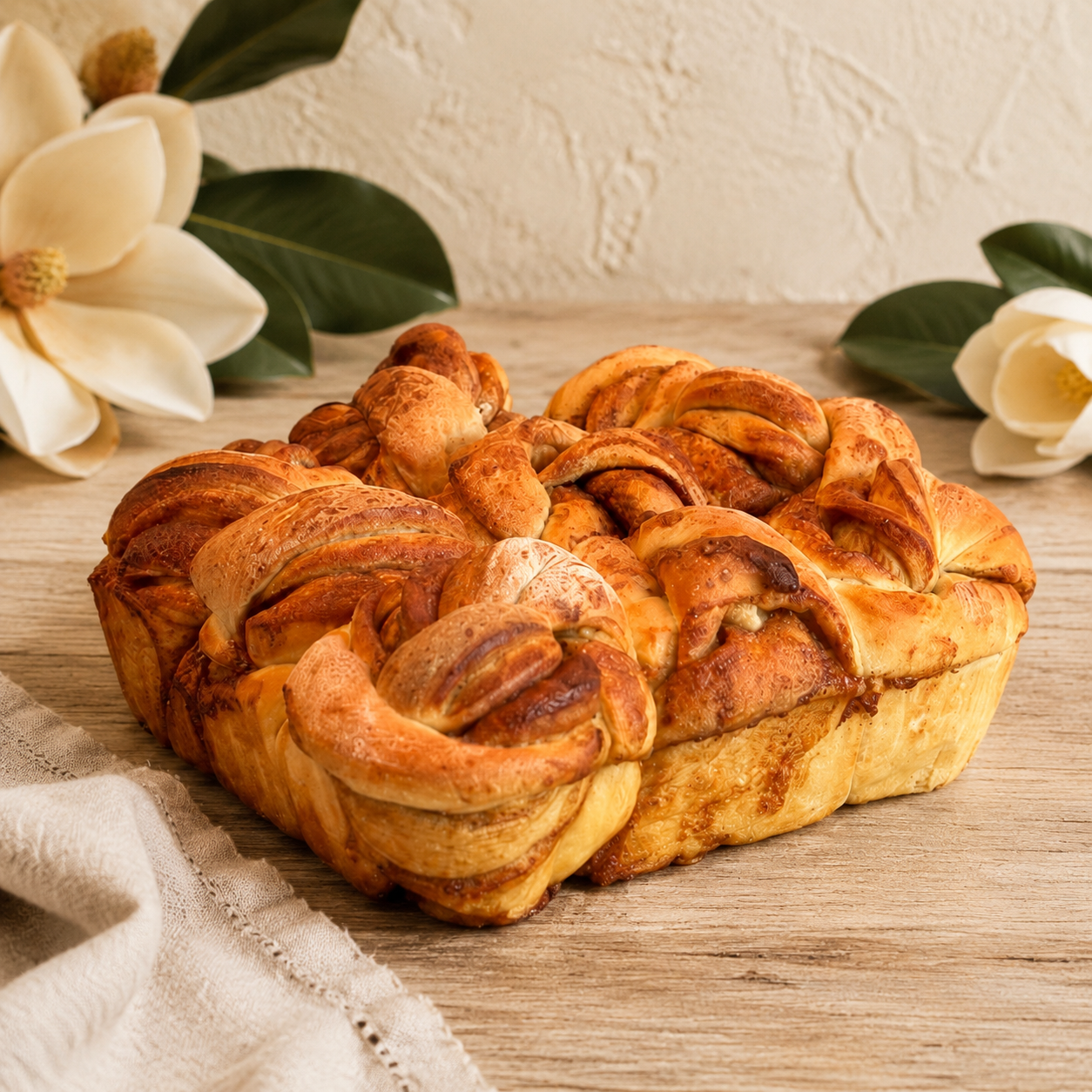 A pan of nine classic twisted Bread Barn cinnamon rolls framed by magnolia blooms