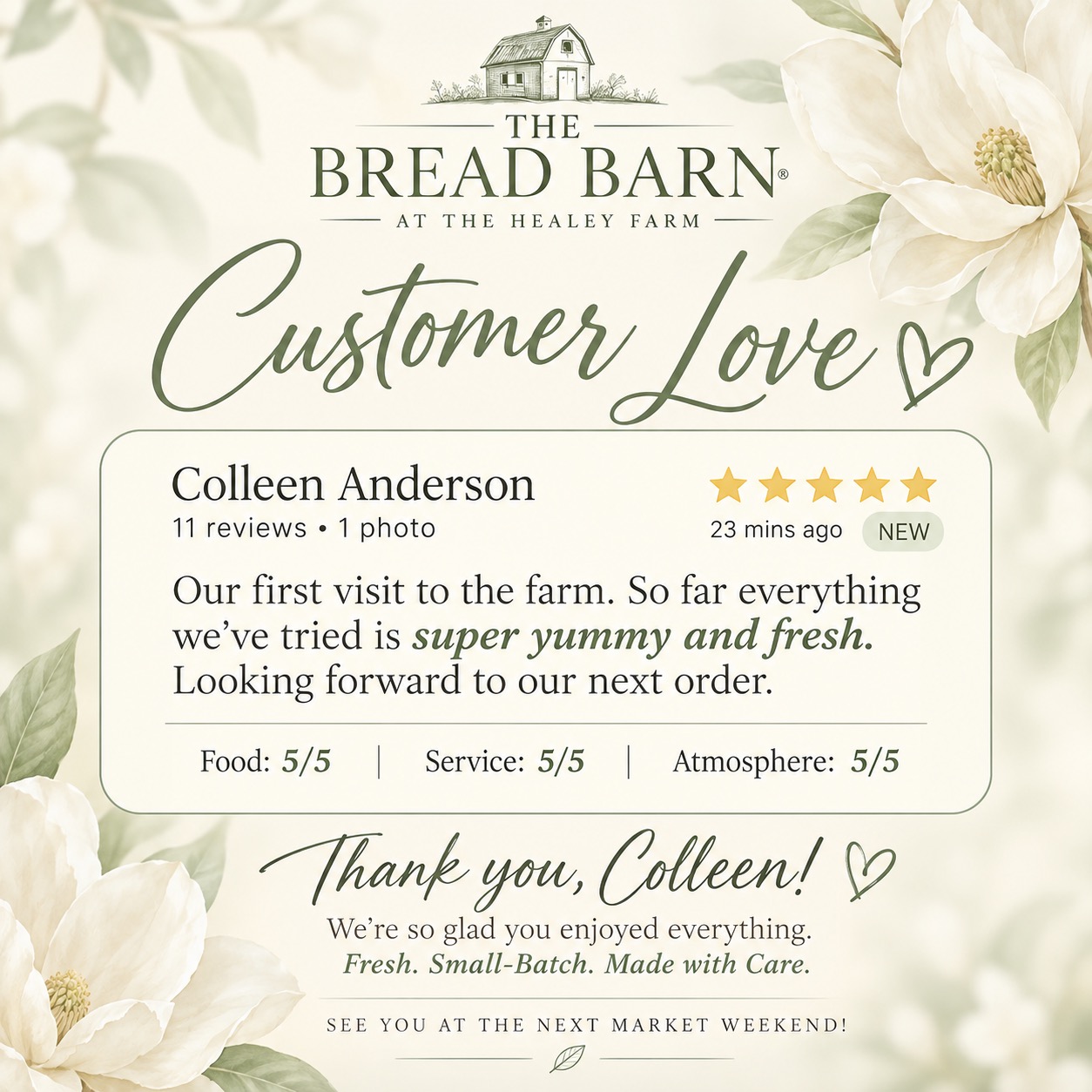Five-star customer review describing Bread Barn food as yummy and fresh