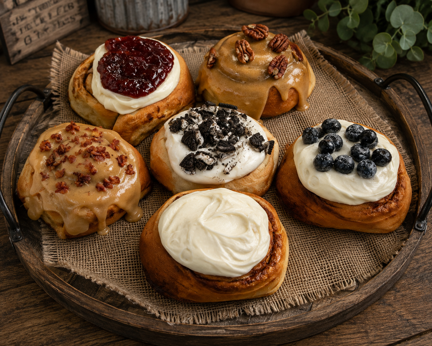Three premium Bread Barn single-serve cinnamon rolls with cream-cheese, strawberry, and maple-pecan finishes